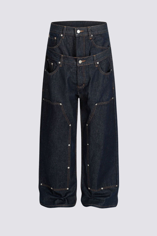 Raw Denim Wide Leg Double Waistband Jeans