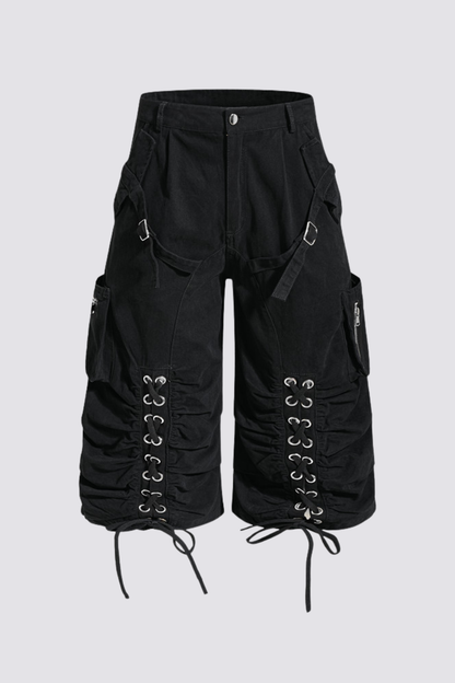 Raw Flare Lace Up Capri Pants Black