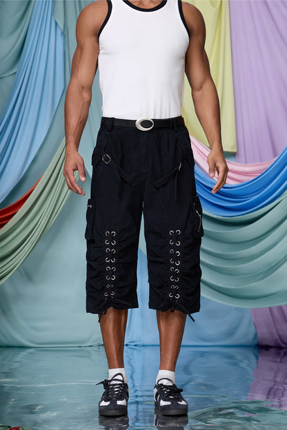 Raw Flare Lace Up Capri Pants Black