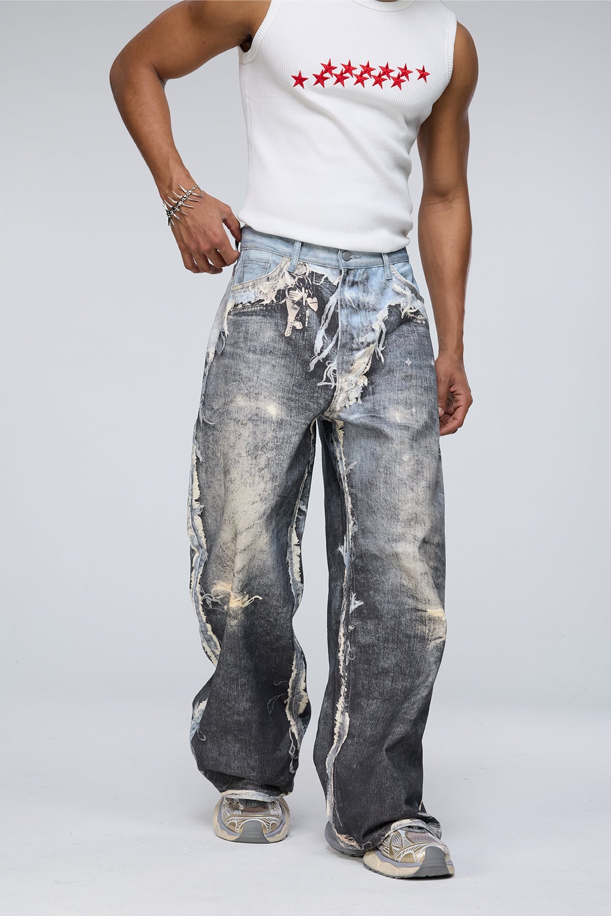 Raw Kilometer Print Barrel Jeans