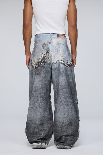 Raw Kilometer Print Barrel Jeans
