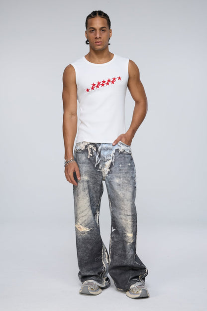 Raw Kilometer Print Barrel Jeans