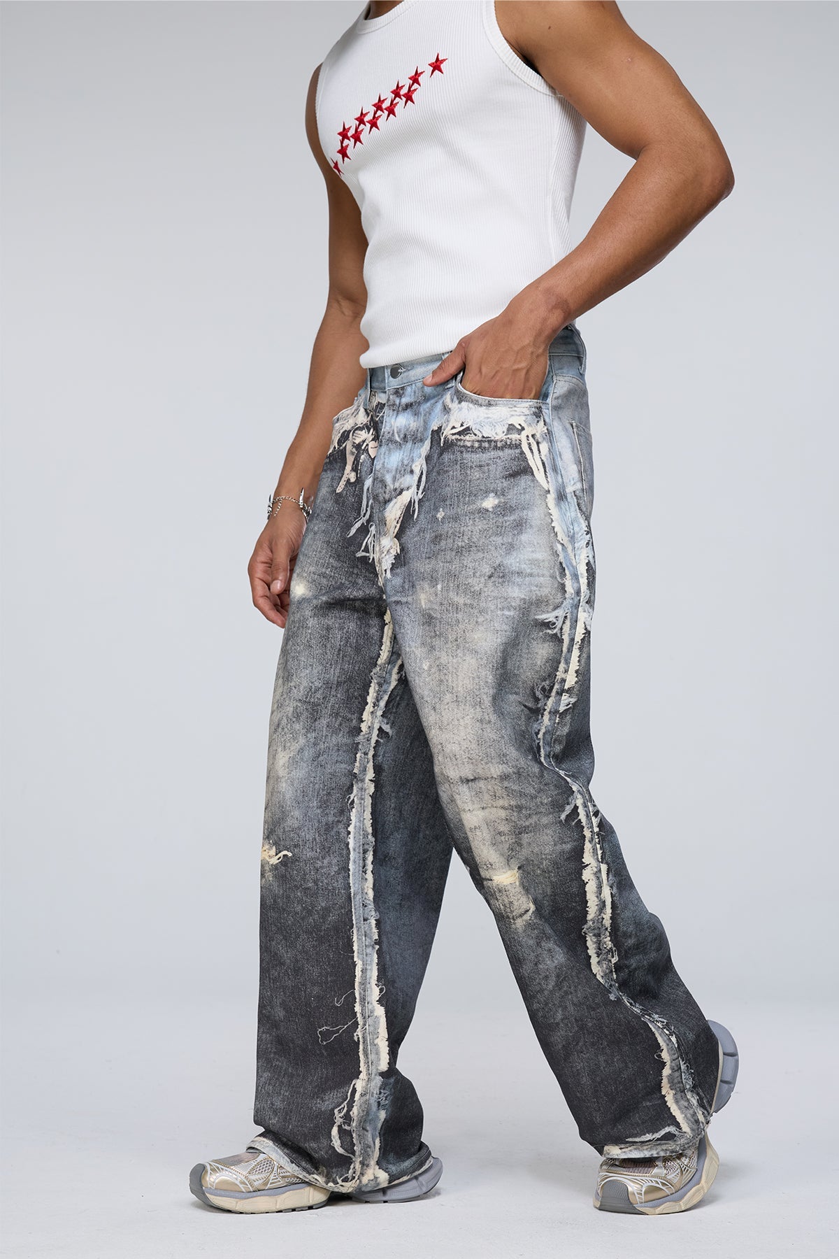 Raw Kilometer Print Barrel Jeans