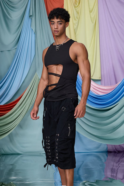 Raw Pitch Cutout Lace Up Tank Top Black