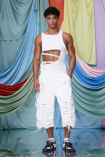 Raw Pitch Cutout Lace Up Tank Top White