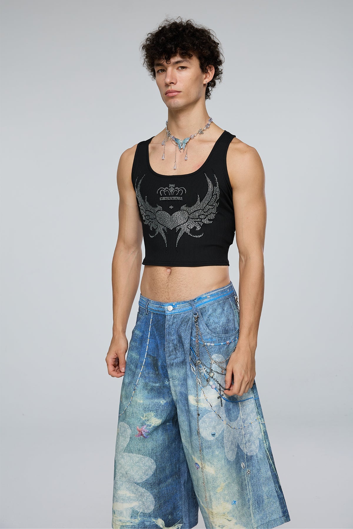 Reflective Power Rhinestone Crop Top Black