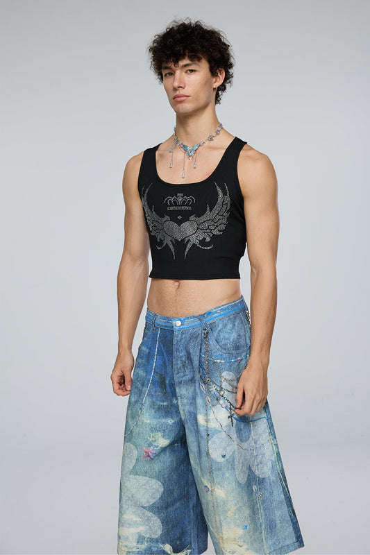 Reflective Power Rhinestone Crop Top Black