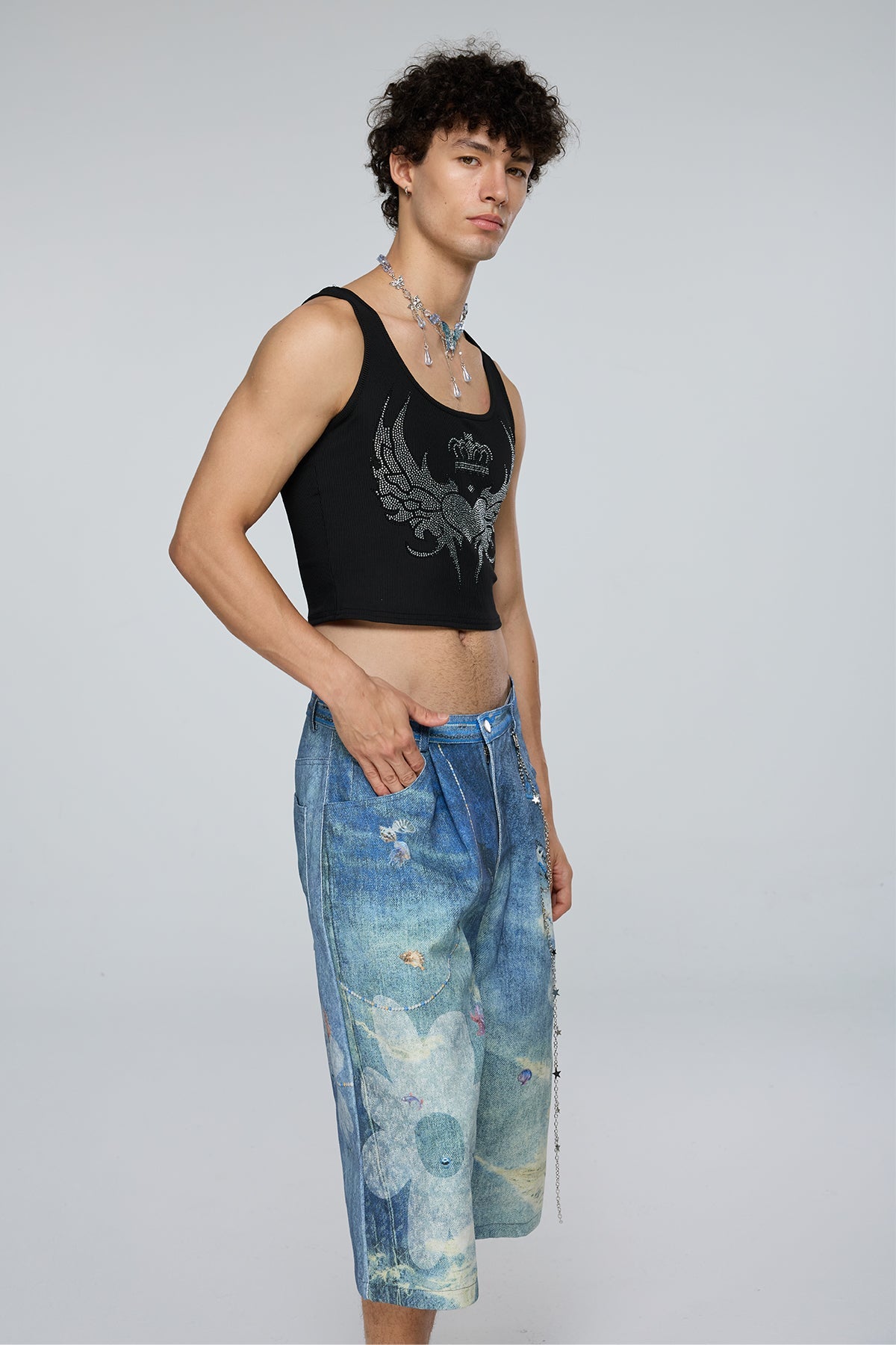 Reflective Power Rhinestone Crop Top Black