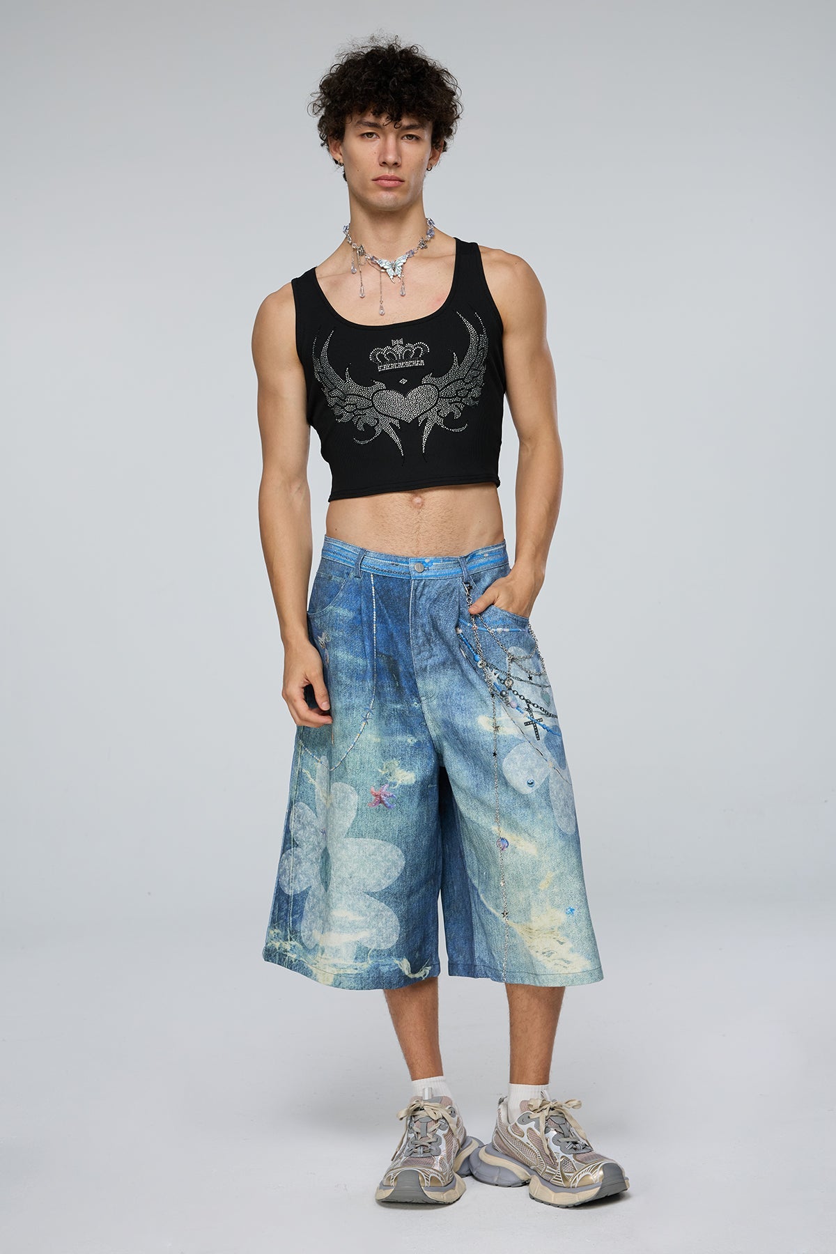 Reflective Power Rhinestone Crop Top Black