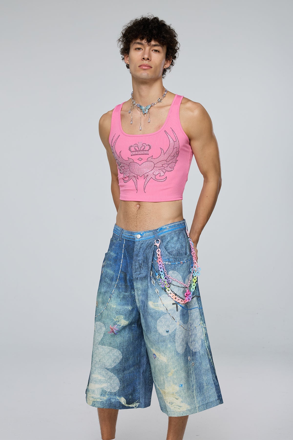 Reflective Power Rhinestone Crop Top Pink