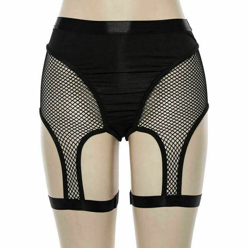 High-Waist Hallow Mesh Garter Shorts