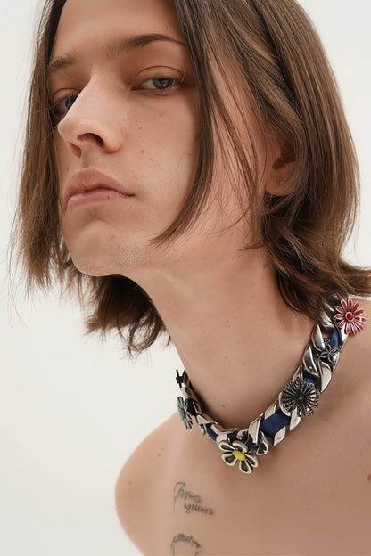 Satin Floral Cuban Chain - Unisex Ribbon Necklace Statement Piece