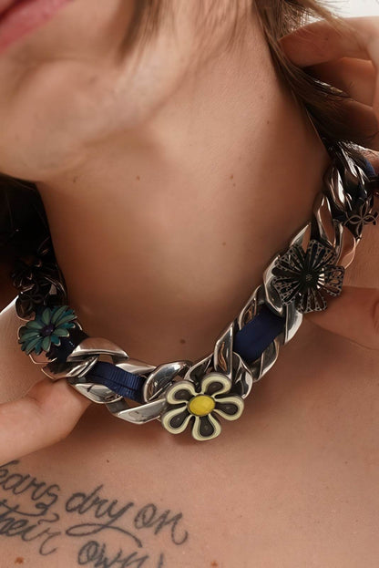 Satin Floral Cuban Chain - Unisex Ribbon Necklace Statement Piece