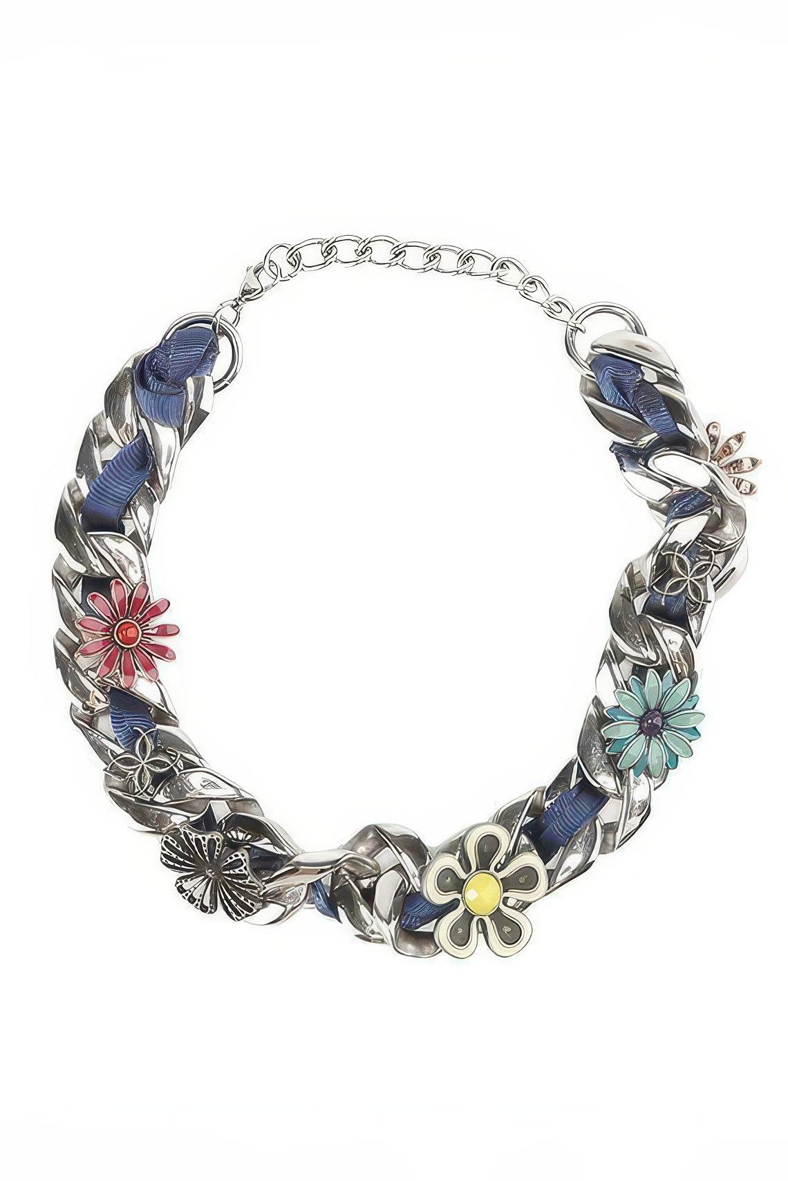 Satin Floral Cuban Chain - Unisex Ribbon Necklace Statement Piece