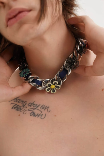 Satin Floral Cuban Chain - Unisex Ribbon Necklace Statement Piece