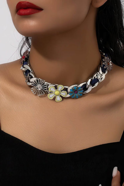 Satin Floral Cuban Chain - Unisex Ribbon Necklace Statement Piece