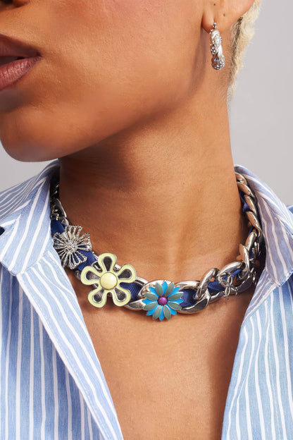 Satin Floral Cuban Chain - Unisex Ribbon Necklace Statement Piece