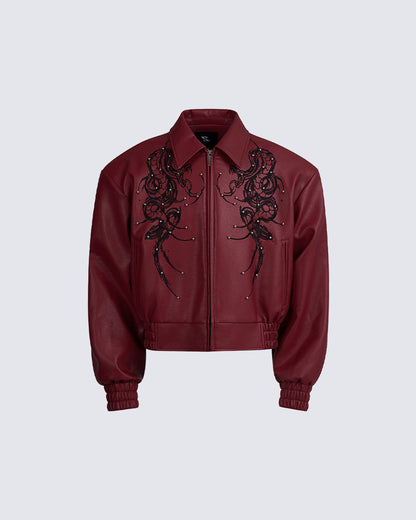 Embroidered Faux Leather Moto Jacket