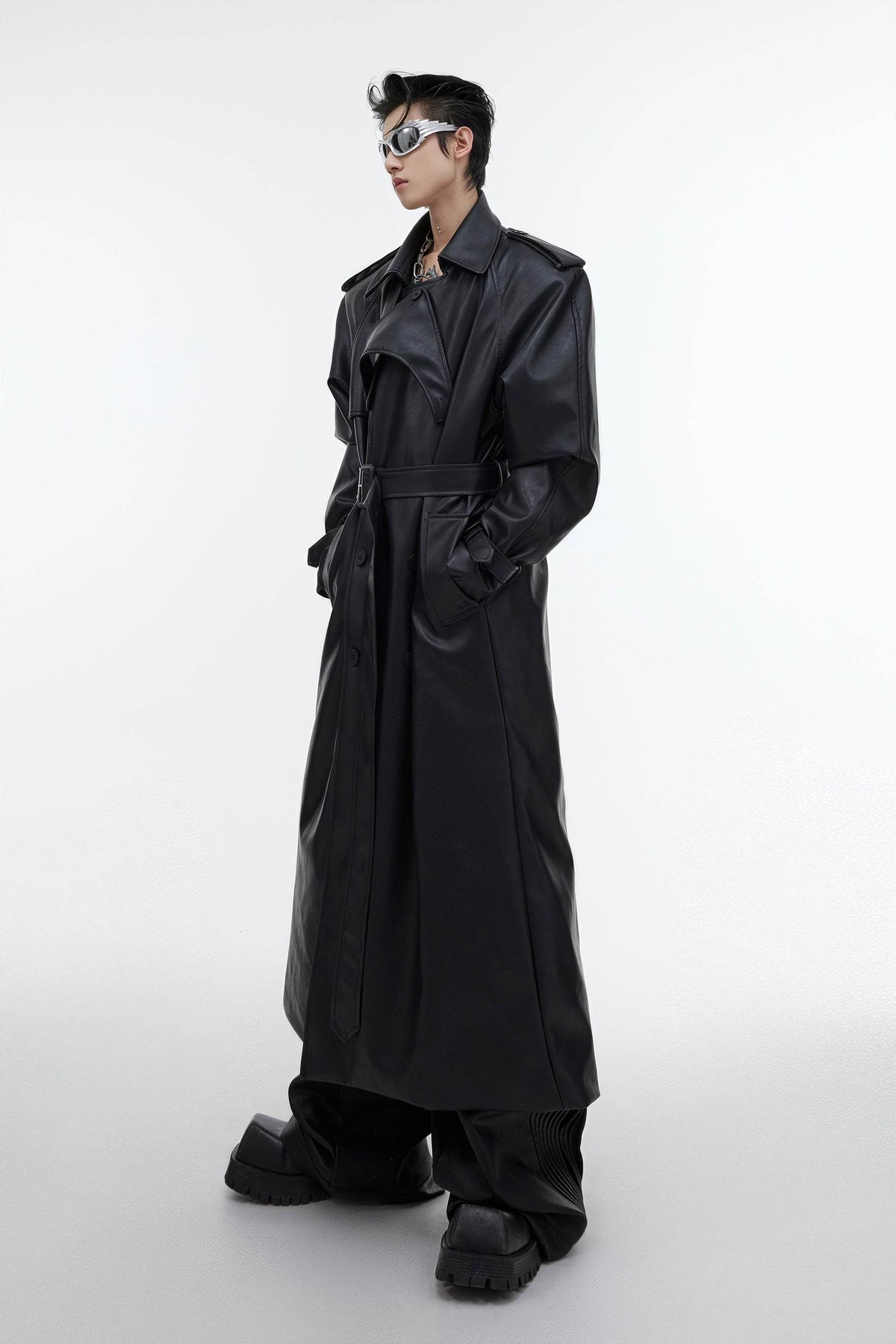 Structured PU Leather Coat - Oversized Trench with Shoulder Pads