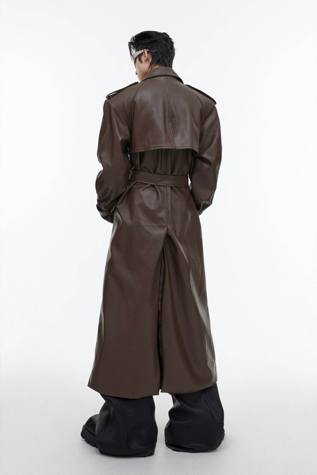 Structured PU Leather Coat - Oversized Trench with Shoulder Pads