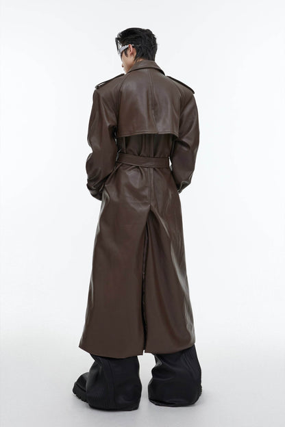 Structured PU Leather Coat - Oversized Trench with Shoulder Pads