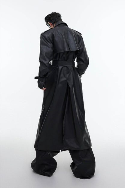Structured PU Leather Coat - Oversized Trench with Shoulder Pads