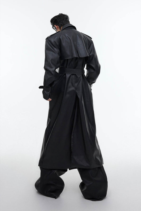 Structured PU Leather Coat - Oversized Trench with Shoulder Pads