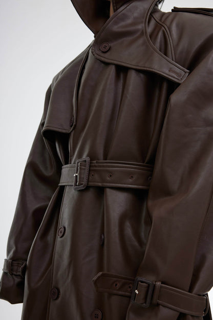 Structured PU Leather Coat - Oversized Trench with Shoulder Pads