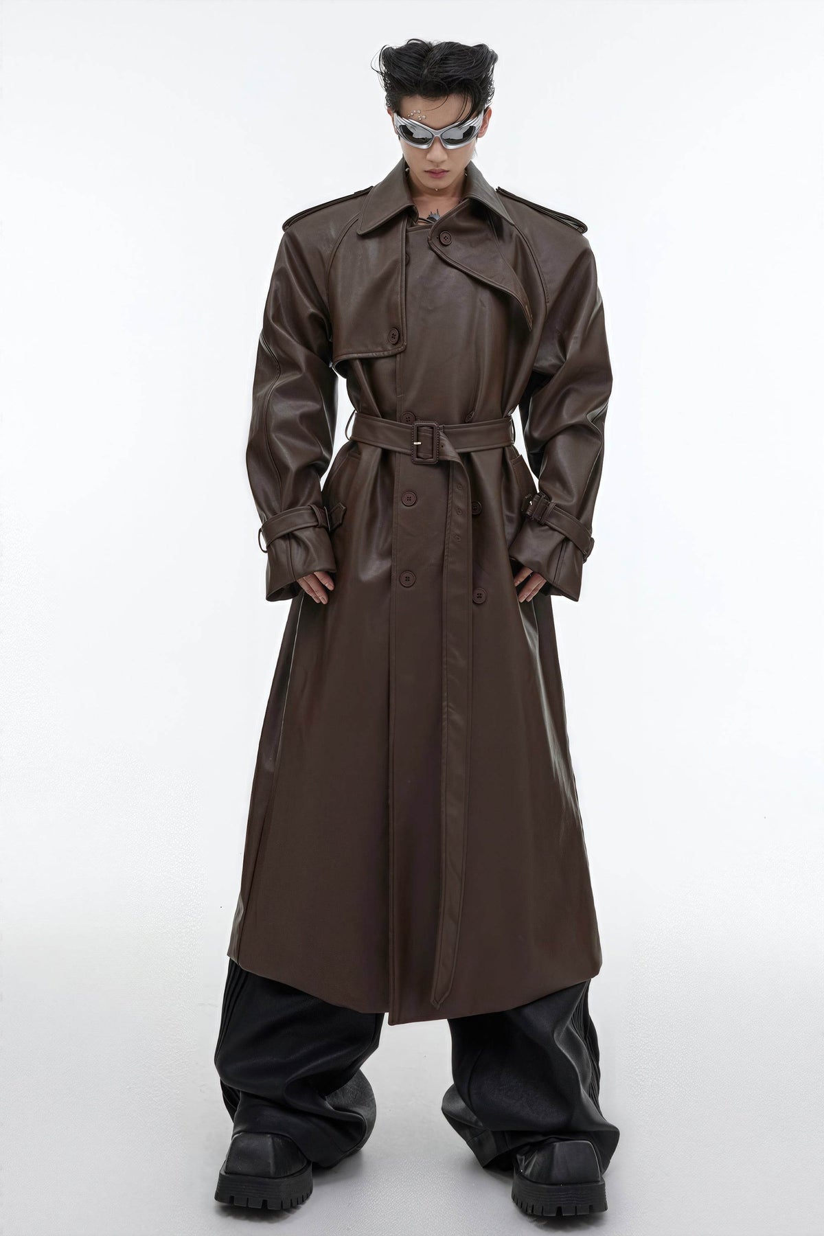 Structured PU Leather Coat - Oversized Trench with Shoulder Pads