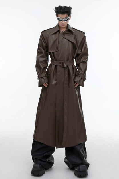 Structured PU Leather Coat - Oversized Trench with Shoulder Pads