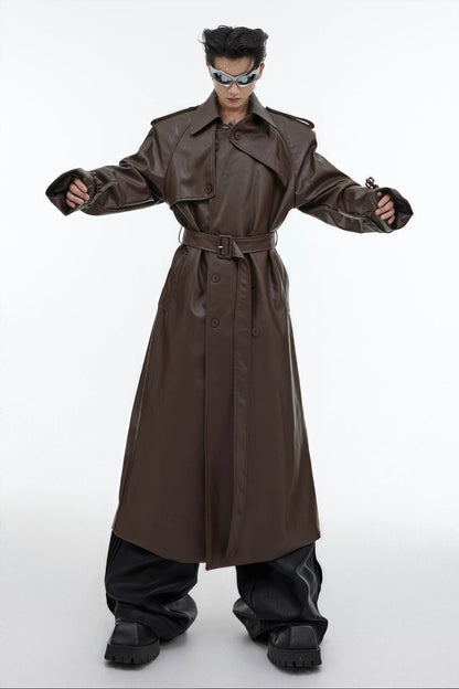 Structured PU Leather Coat - Oversized Trench with Shoulder Pads