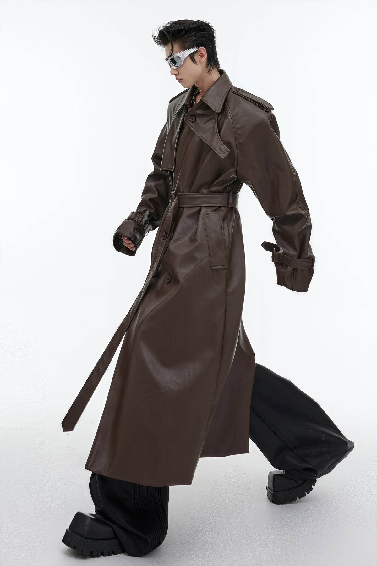 Structured PU Leather Coat - Oversized Trench with Shoulder Pads