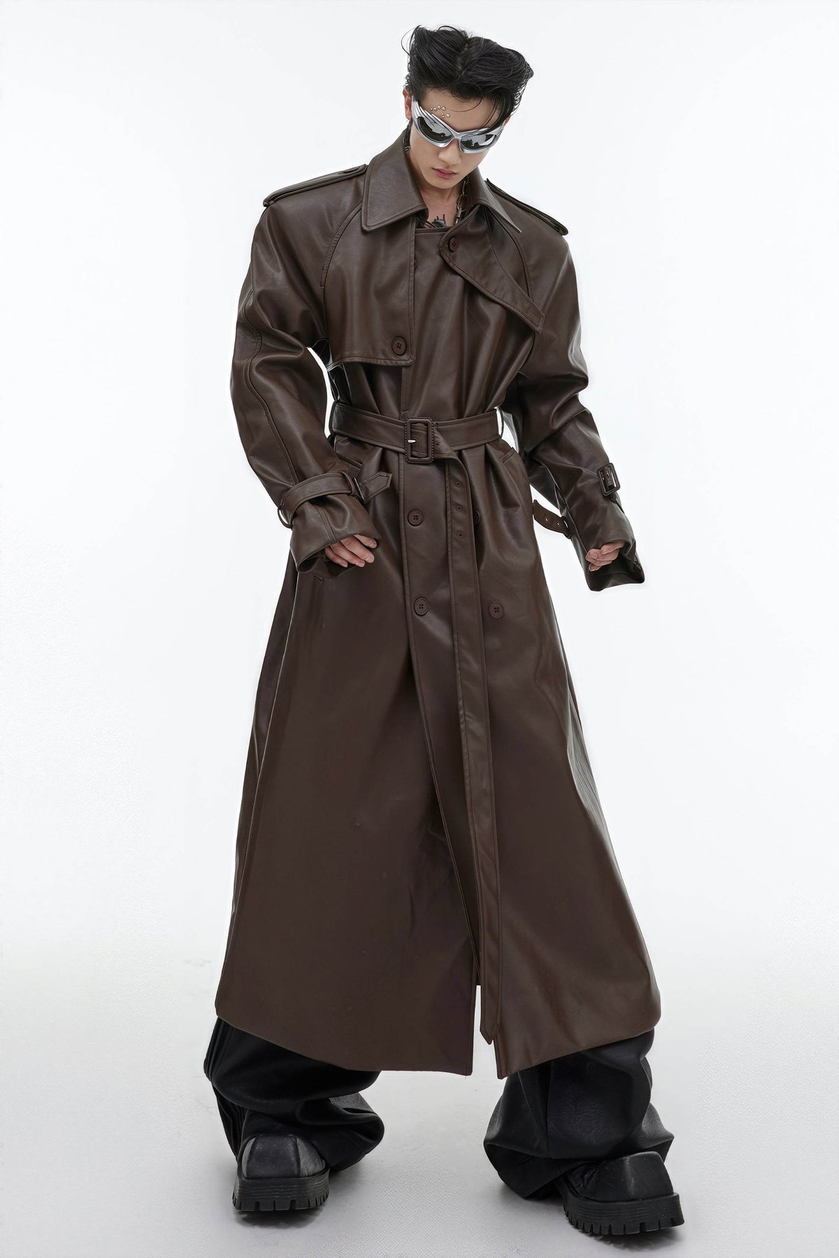 Structured PU Leather Coat - Oversized Trench with Shoulder Pads