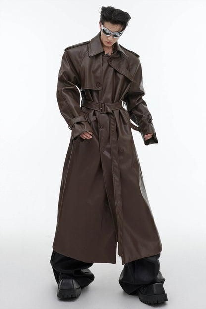 Structured PU Leather Coat - Oversized Trench with Shoulder Pads