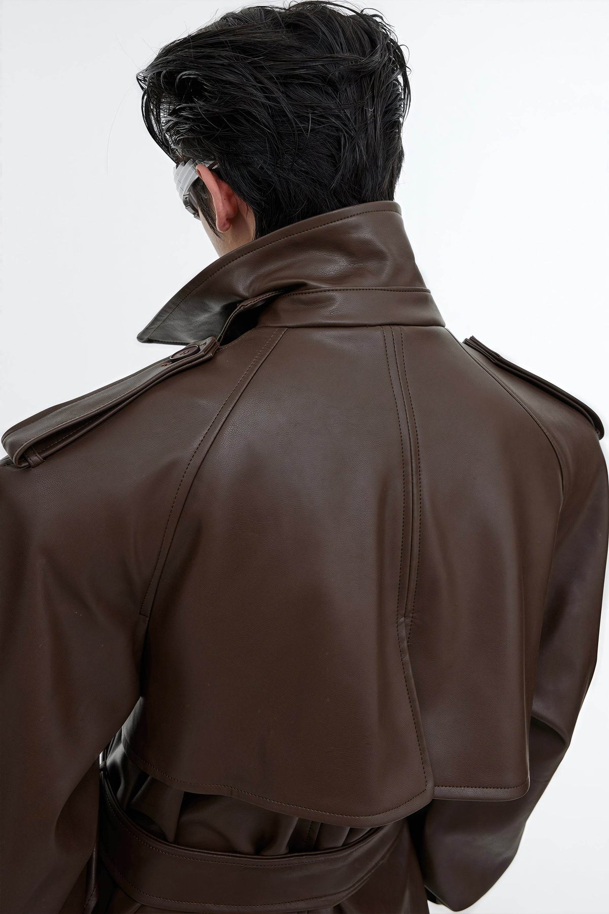 Structured PU Leather Coat - Oversized Trench with Shoulder Pads