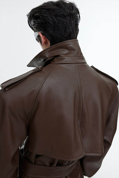Structured PU Leather Coat - Oversized Trench with Shoulder Pads