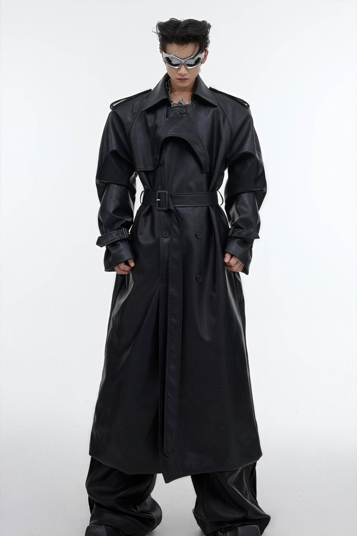 Structured PU Leather Coat - Oversized Trench with Shoulder Pads
