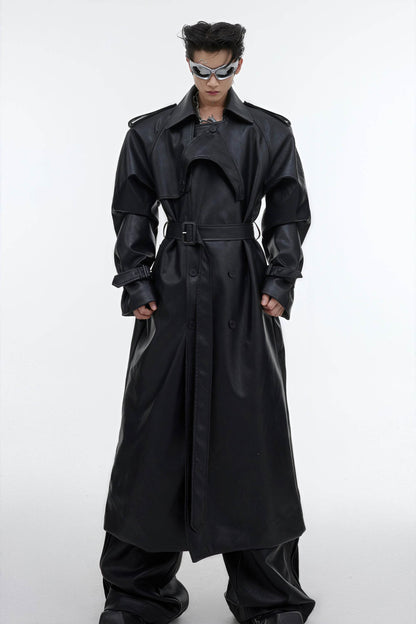 Structured PU Leather Coat - Oversized Trench with Shoulder Pads
