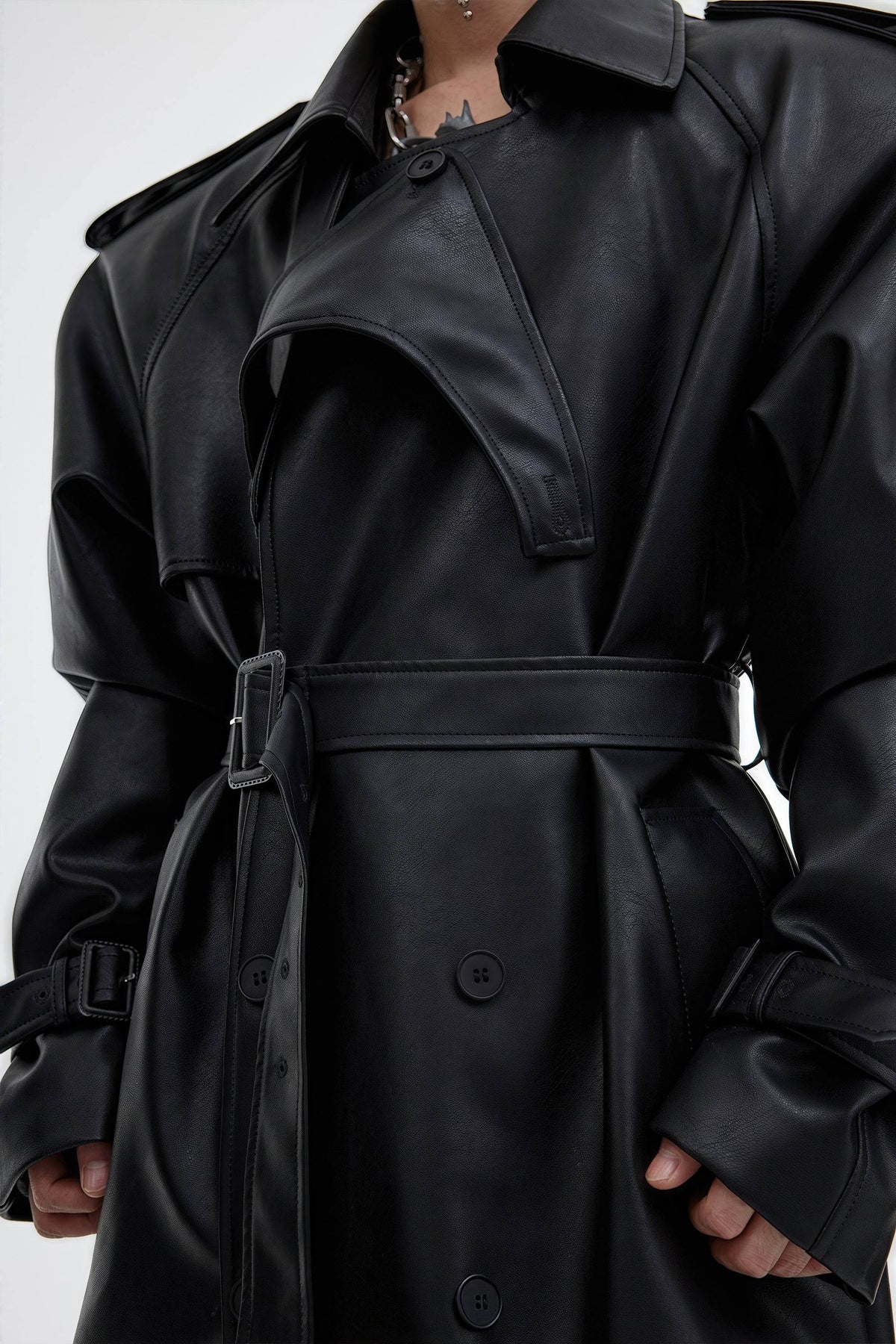 Structured PU Leather Coat - Oversized Trench with Shoulder Pads