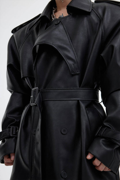 Structured PU Leather Coat - Oversized Trench with Shoulder Pads