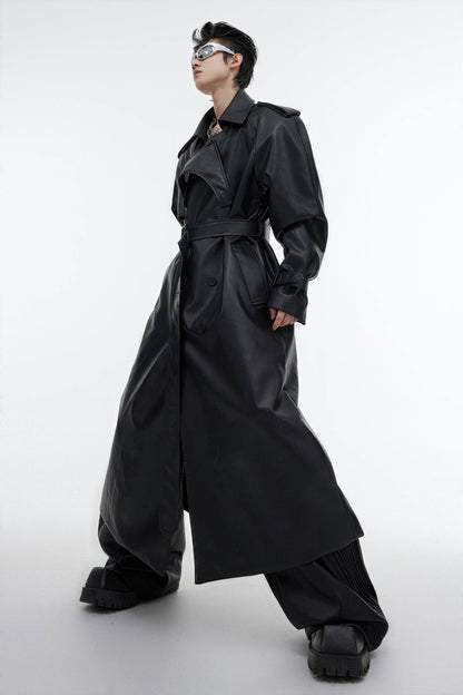 Structured PU Leather Coat - Oversized Trench with Shoulder Pads