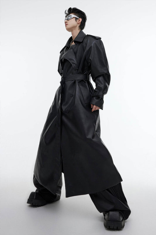 Structured PU Leather Coat - Oversized Trench with Shoulder Pads