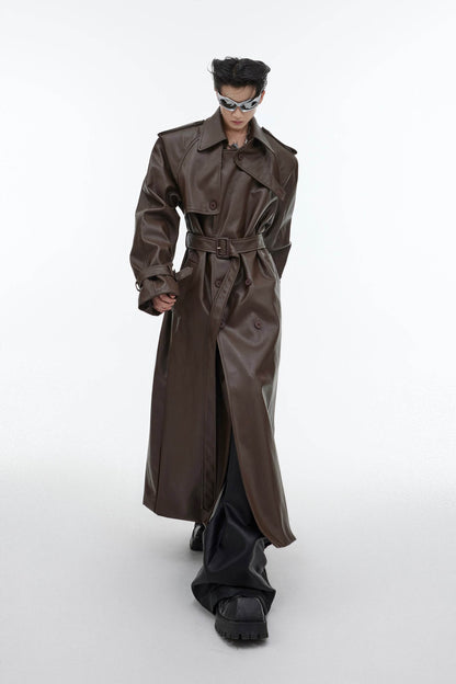 Structured PU Leather Coat - Oversized Trench with Shoulder Pads