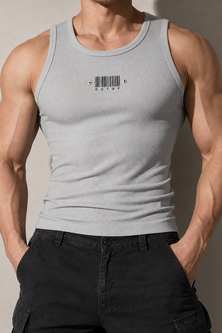 Men's Sleeveless Ribbed Tank with Stud Embroidery – Stretch Gym Wear