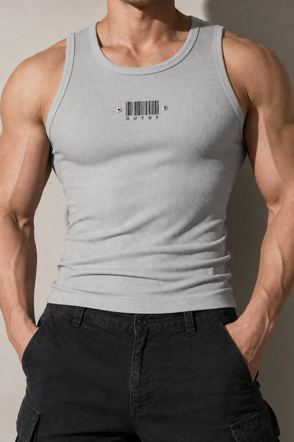 Men's Sleeveless Ribbed Tank with Stud Embroidery – Stretch Gym Wear