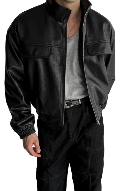 Men's Biker Leather Jacket – Short Moto Jacket with Pockets