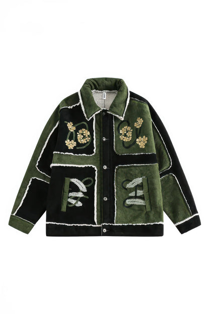 Unisex Floral Embroidery Sherpa Jacket - Color-Blocked Cotton