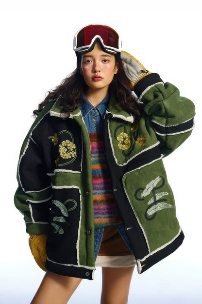 Unisex Floral Embroidery Sherpa Jacket - Color-Blocked Cotton