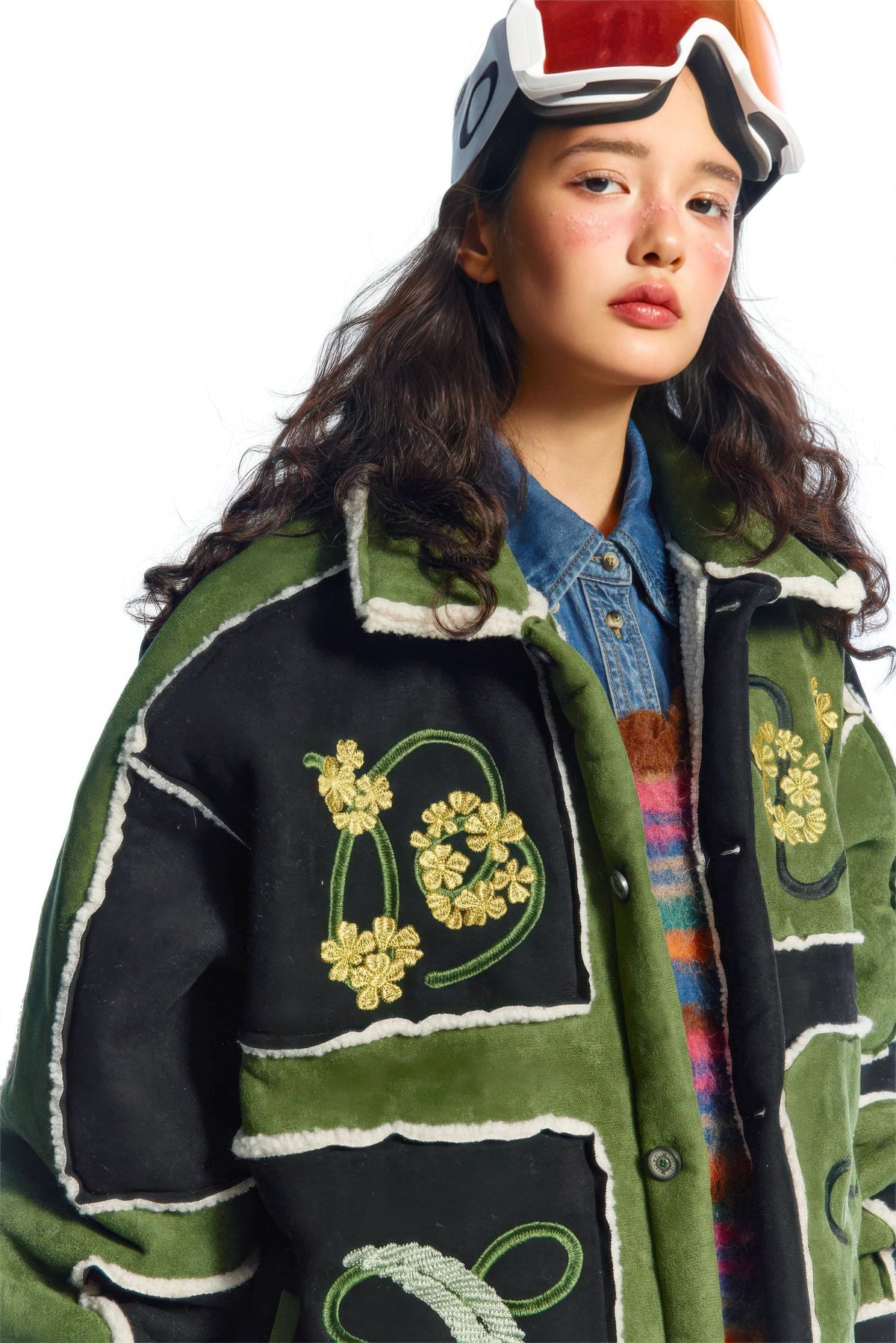 Unisex Floral Embroidery Sherpa Jacket - Color-Blocked Cotton