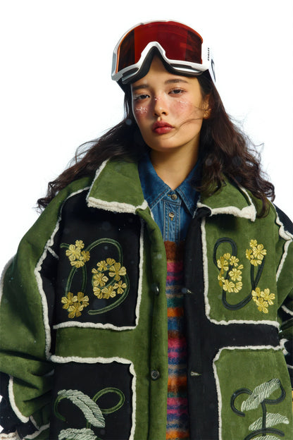 Unisex Floral Embroidery Sherpa Jacket - Color-Blocked Cotton